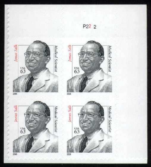 US #3428 Dr. Jonas Salk P# Block of 4; MNH
