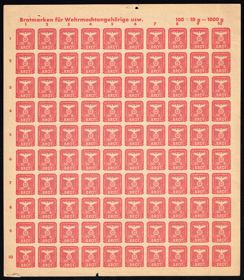 Germany Third Reich Bread Ration Stamps Full Sheet of 100