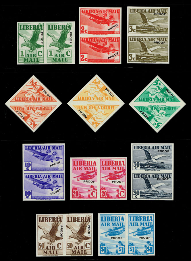 Liberia #C4-C13 Imperforate Proof Pairs w/ trial color; MNH