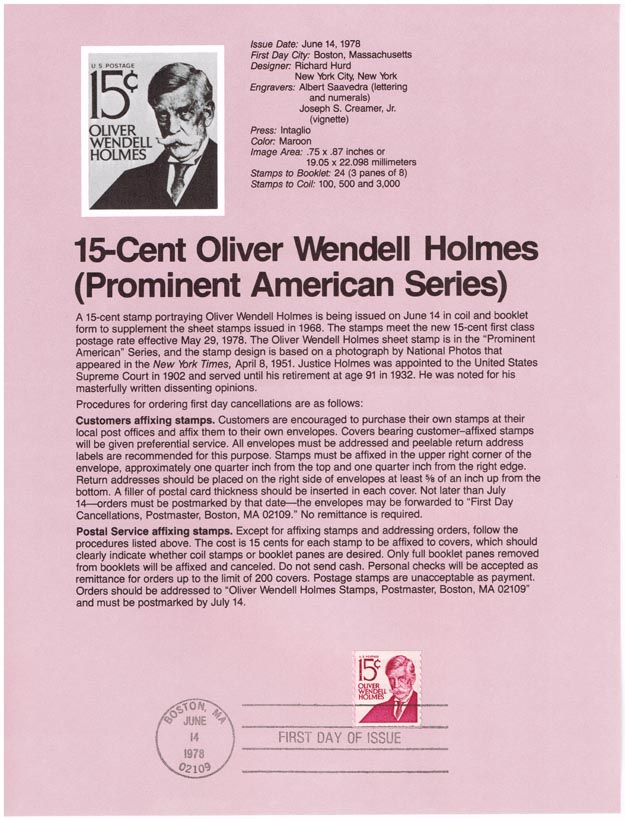 US #SP298 (1305E) Oliver Wendell Holmes USPS Souvenir Page