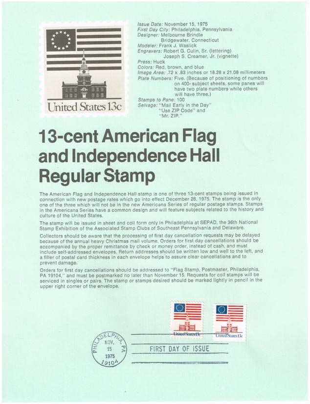 US #SP400 (1622;1625) Flag & Independence Hall Souv. Page