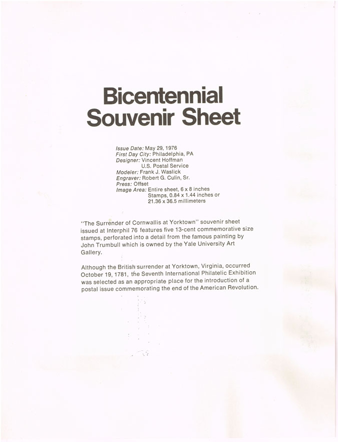 US #SP413 (1686) Bicentennial Souvenir Sheet Souvenir Page
