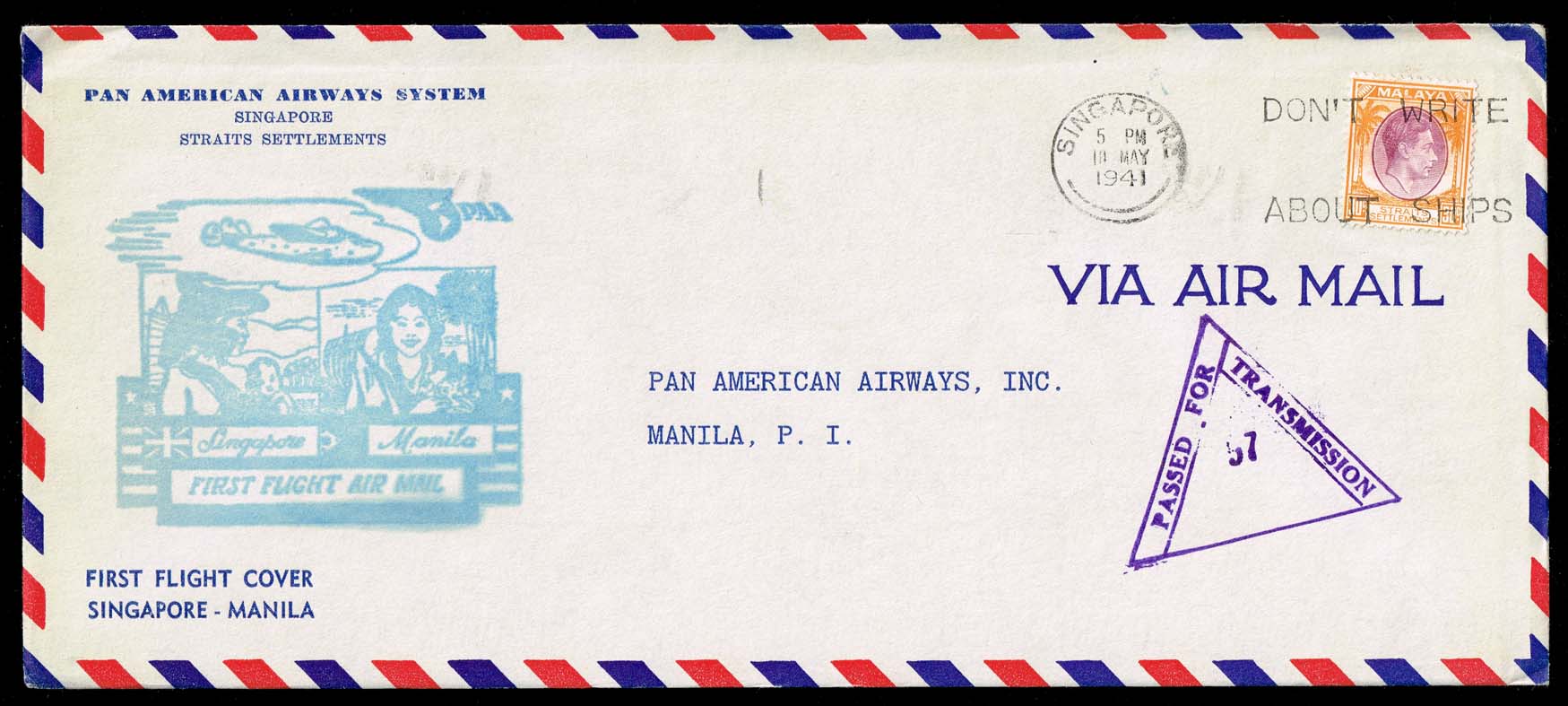 PAN AM FAM 14 First Flight Cover Singapore to Manila