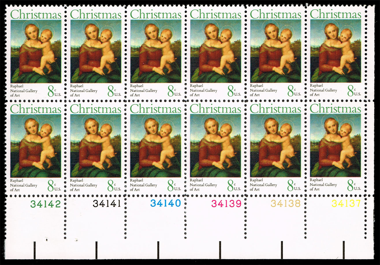 US #1507 Small Cowper Madonna by Raphael P# Block of 12; MNH