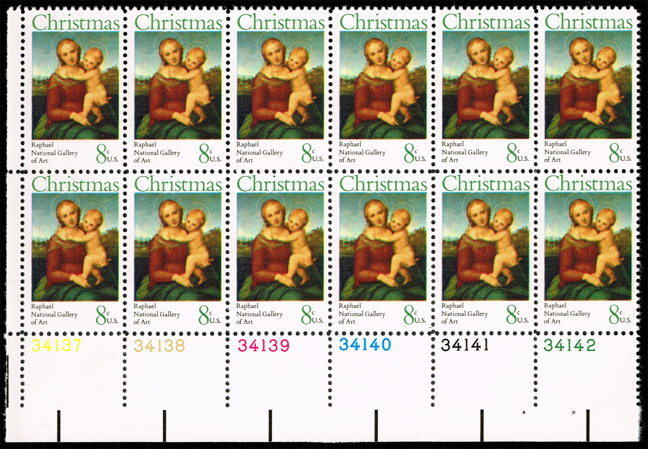 US #1507 Small Cowper Madonna by Raphael P# Block of 12; MNH