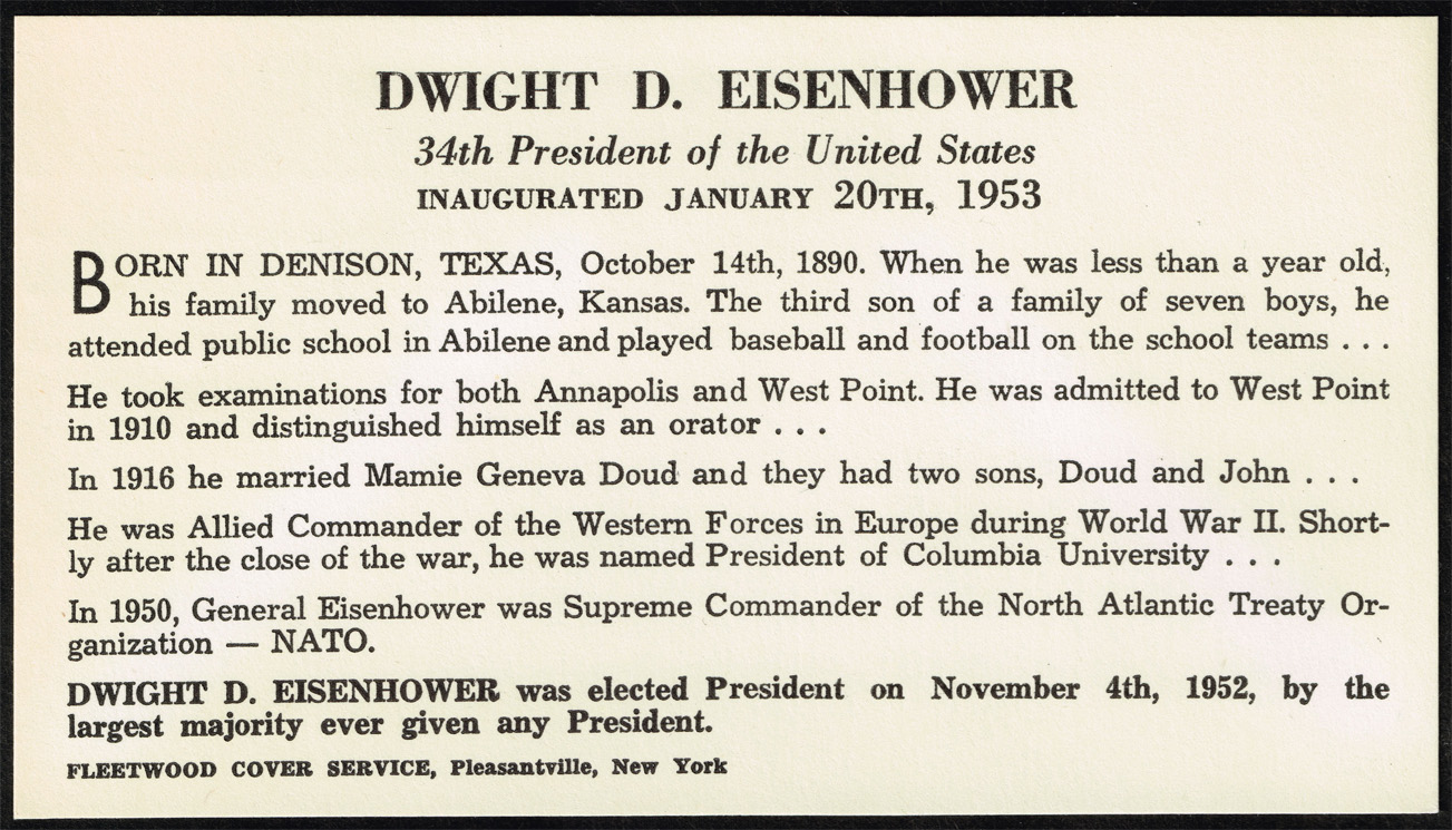 Dwight D. Eisenhower Fleetwood Cachet Inauguration Day Cover