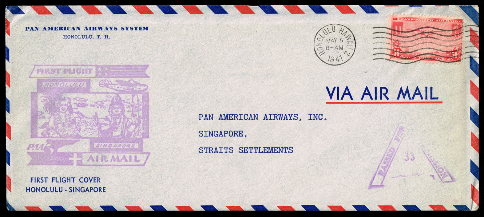 PAN AM First Flight Honolulu to Singapore with #C22
