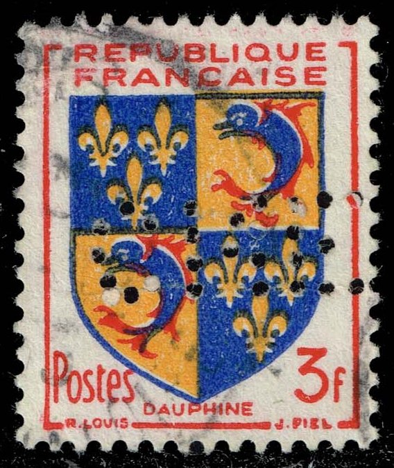 France #699 Arms of Dauphine Perfin; Used