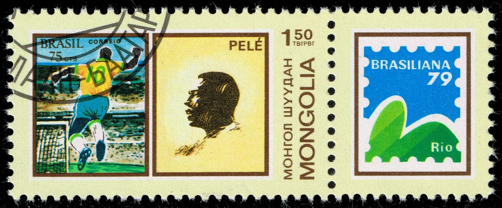 Mongolia #1096b Brazil #1144 of Pele plus label; CTO