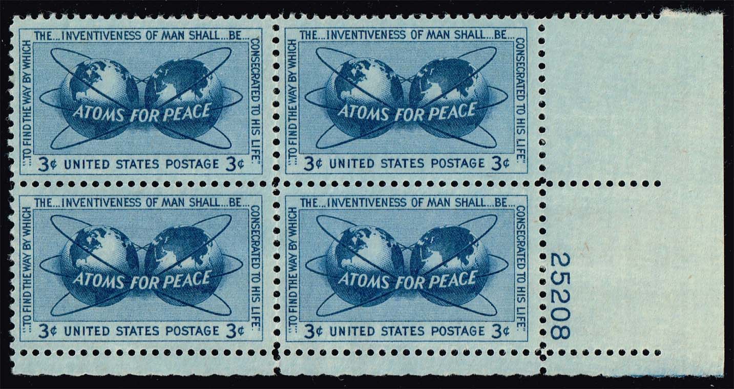US #1070 Atoms for Peace P# Block of 4; MNH