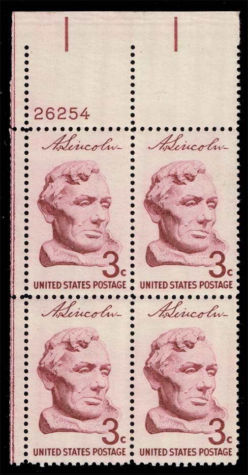 US #1114 Lincoln by Gutzon Borglum P# Bock of 4; MNH