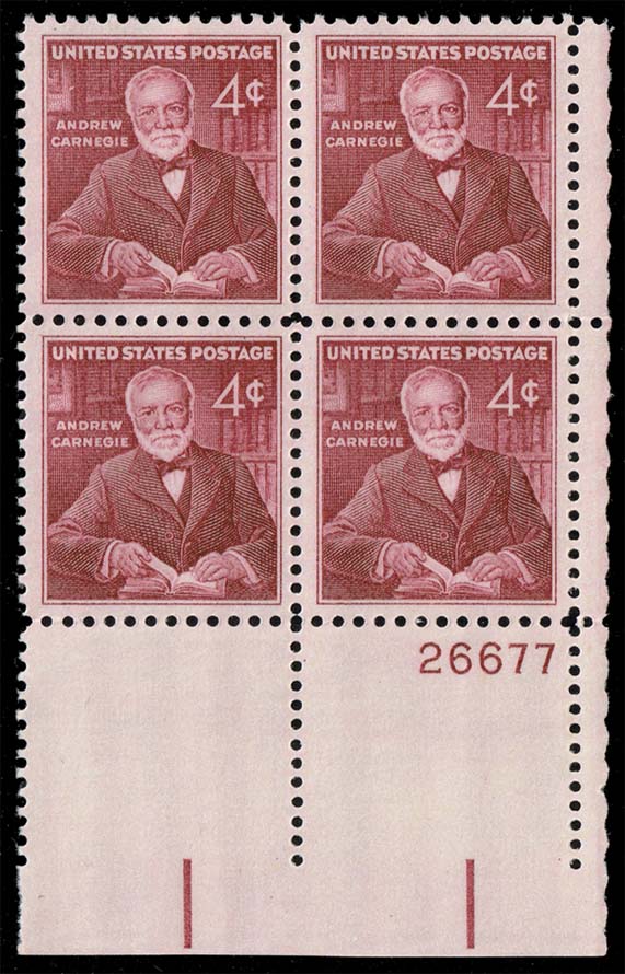 US #1171 Andrew Carnegie P# Block of 4; MNH