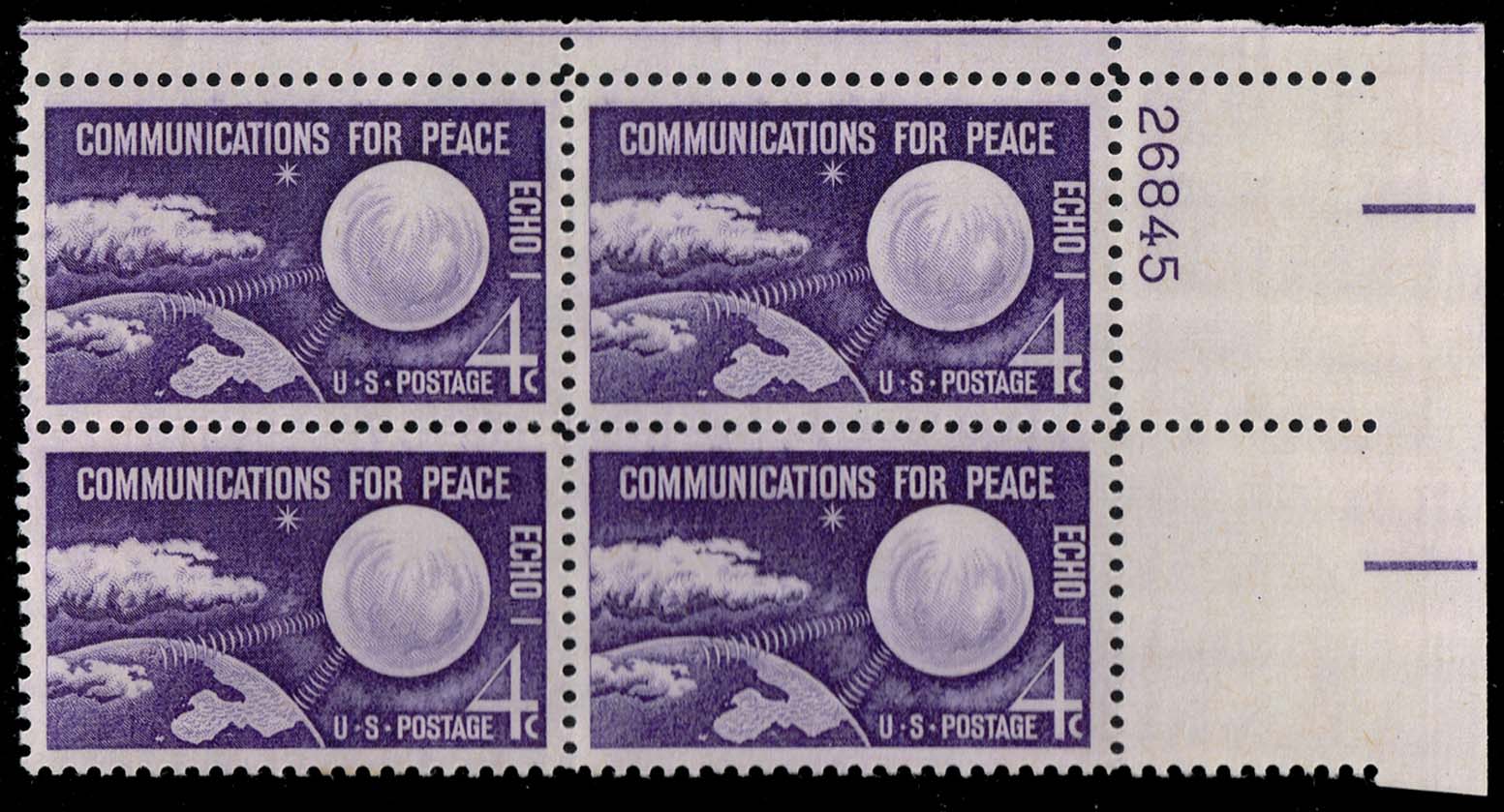 US #1173 Echo I-Communications for Peace P# Block of 4; MNH