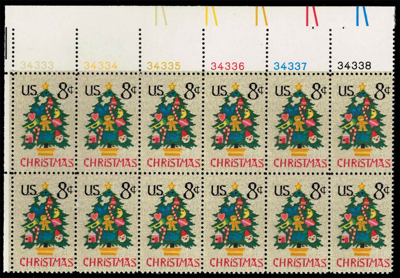 US #1508 Christmas Tree in Needlepoint P# Block of 12; MNH