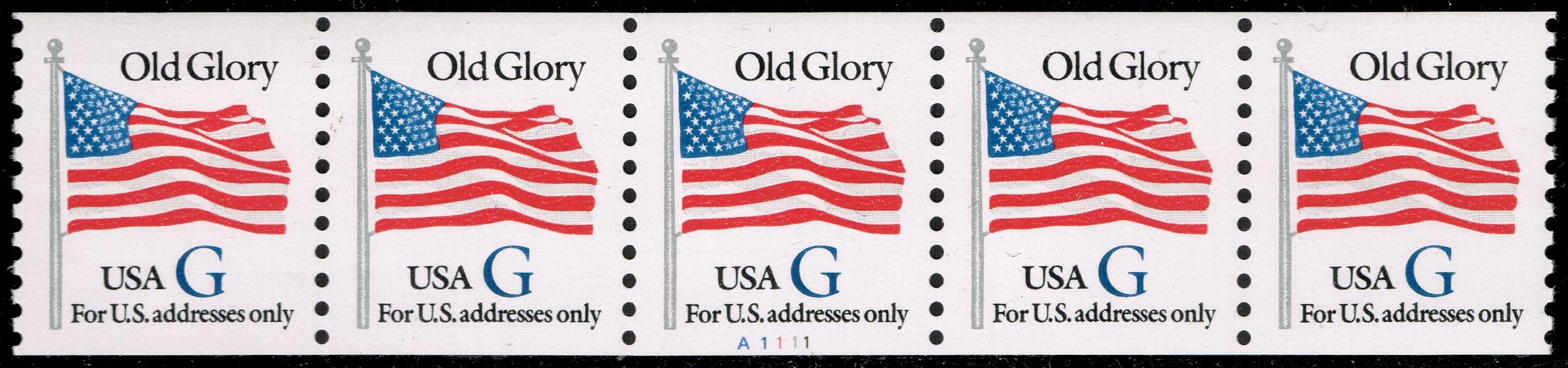 US #2890 Old Glory - Blue G PNC Strip of 5 - #A1111; MNH