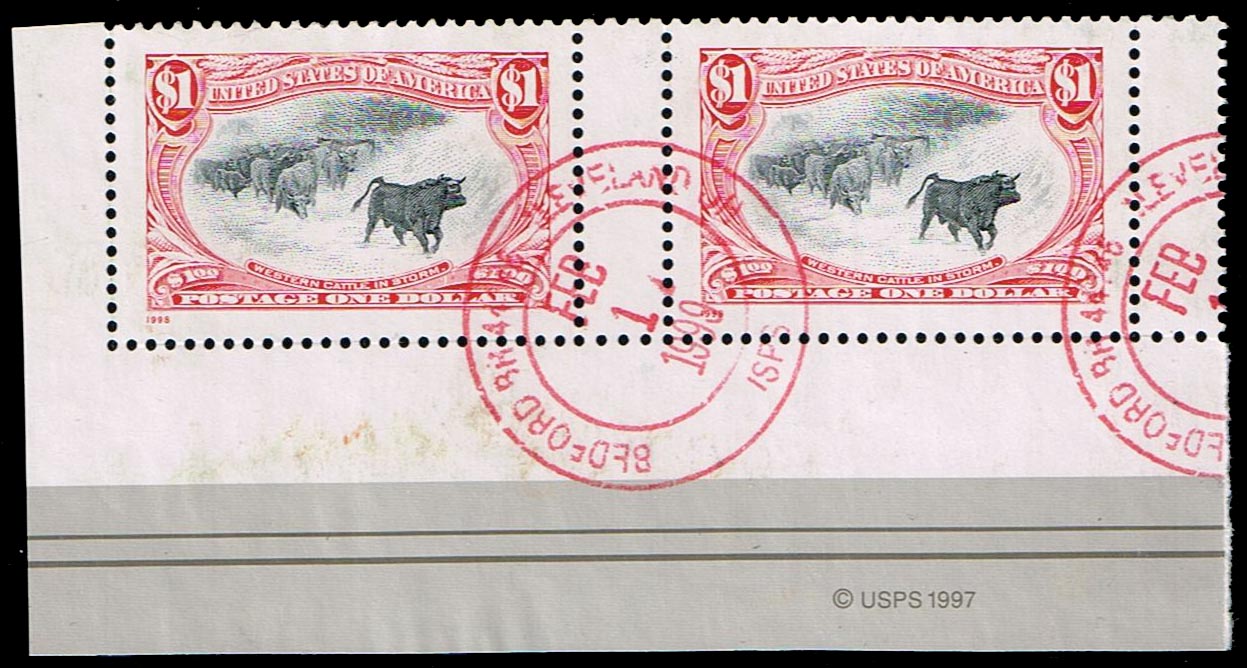 US #3209h Cattle in Storm Horiz. Pair; Used