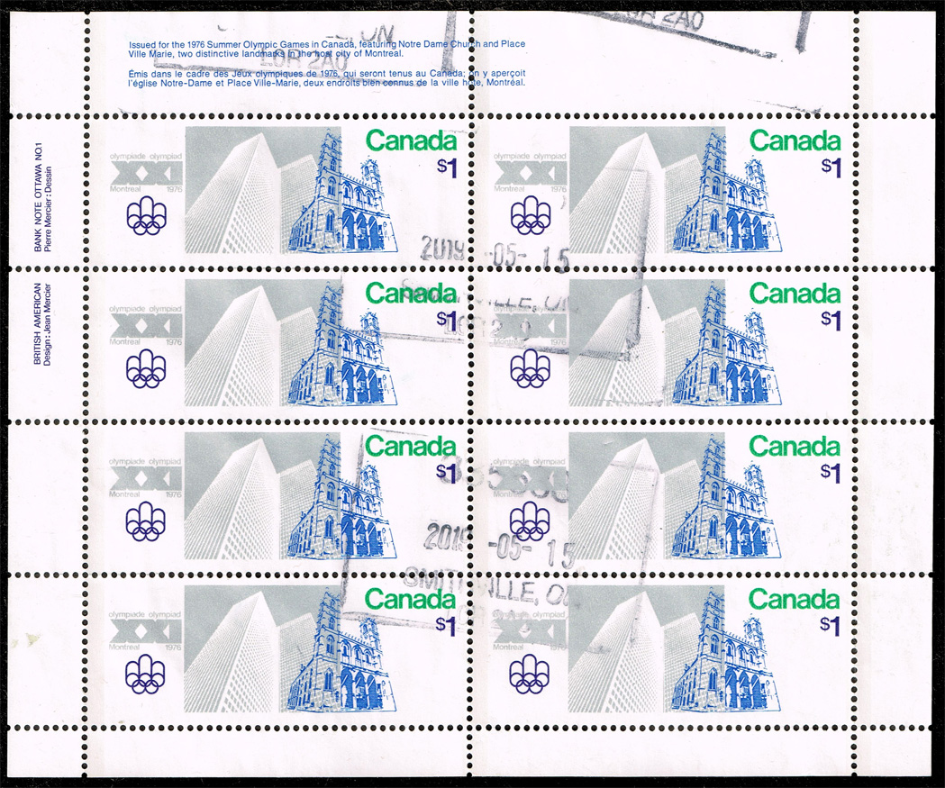 Canada #687 High-rise and Notre Dame Church; Used Pane of 8 - Click Image to Close