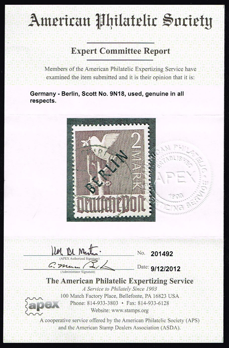 Germany #9N18 Peace Dove; Used with APEX Cert