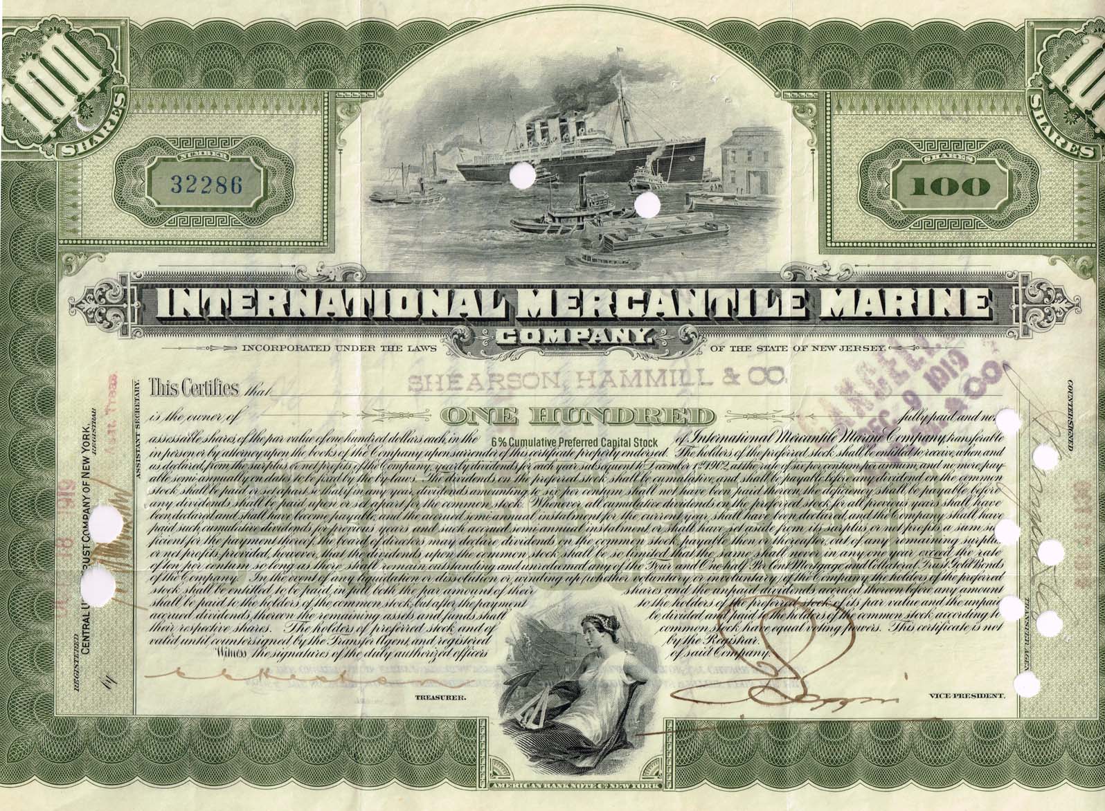 Int. Mercantile Marine Co. Stock Cert with New York Revenue