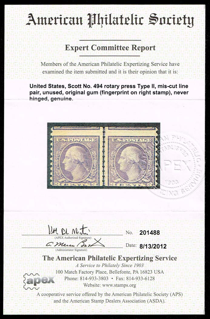 US #494 George Washington Joint Line Pair; MNH w/ Cert - Click Image to Close