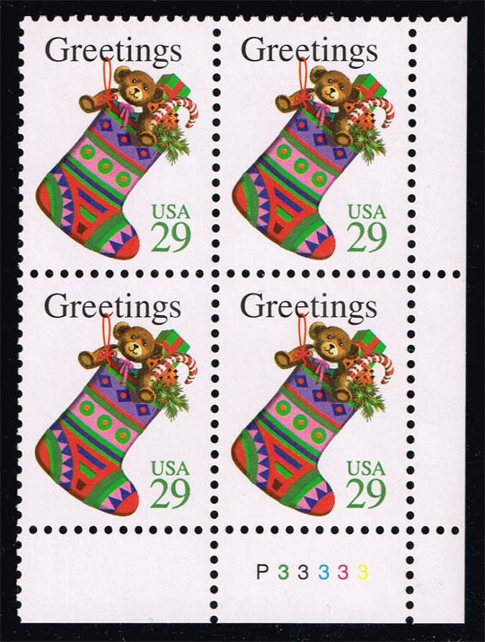 US #2872 Christmas Stocking P# Block of 4; MNH - Click Image to Close