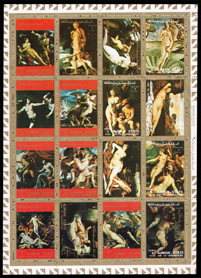 Ajman Mi #2555A-2570A Nude Paintings Sheet of 16; CTO - Click Image to Close