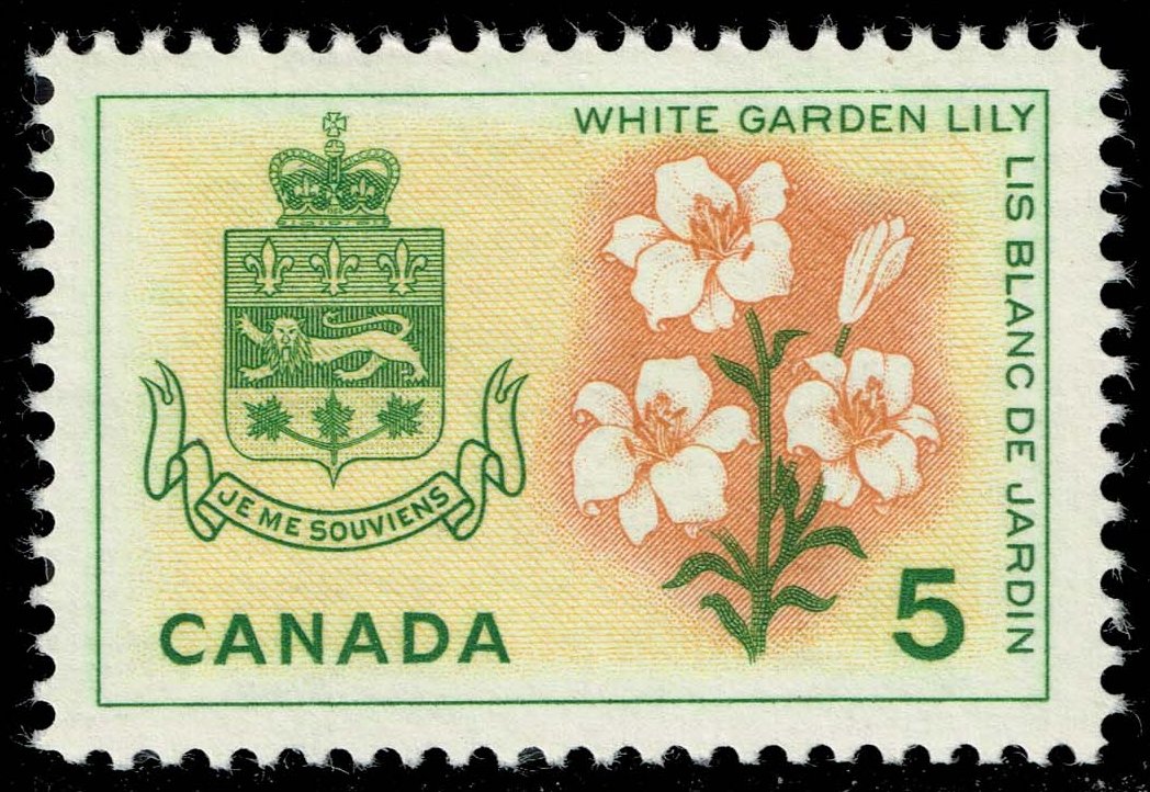 Canada #419 White Garden Lily and Arms of Quebec; MNH