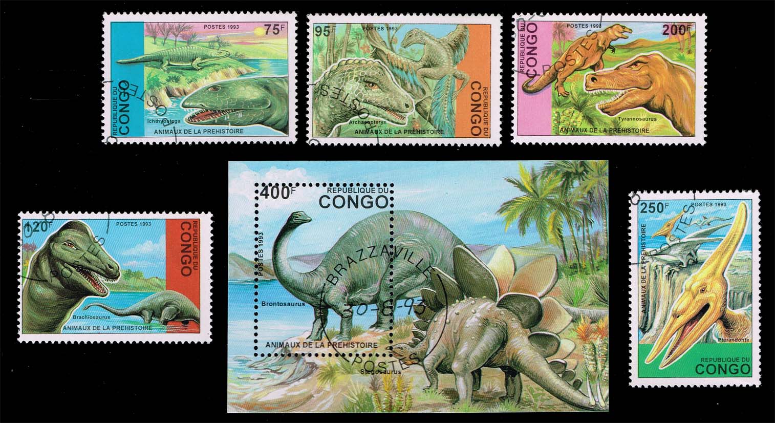 Congo PR #1043-1048 Prehistoric Animals Set Plus SS; CTO