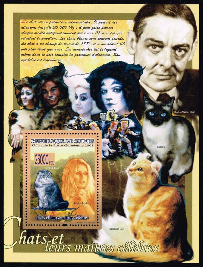 Guinea Brigette Bardot and Cat Souvenir Sheet; MNH