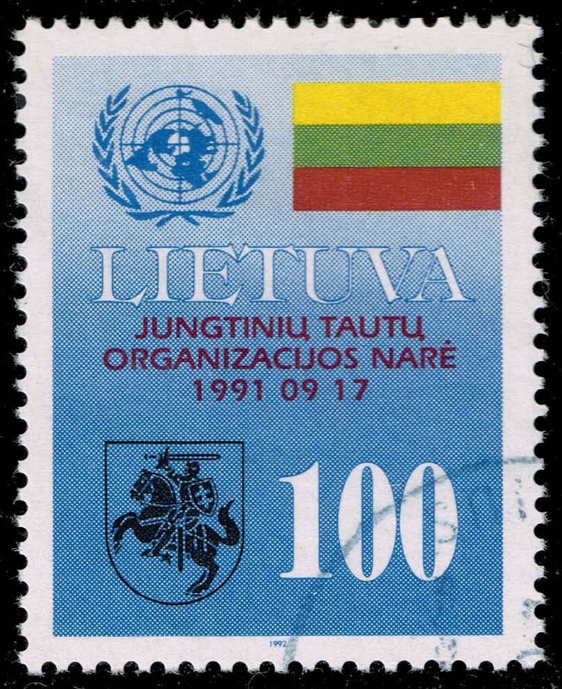 Lithuania #421 UN Emblem; Flag; Coat of Arms; Used