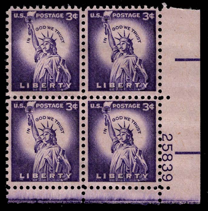 US #1035 Statue of Liberty P# Block of 4; MNH