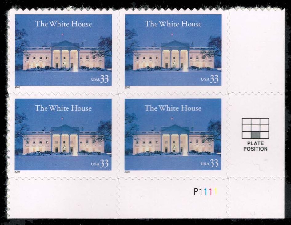 US #3445 The White House in Winter P# Block of 4; MNH